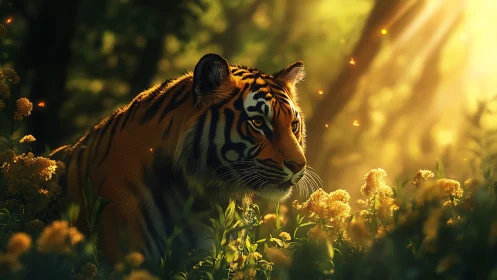 Sunlit tiger drifts through a firefly garden of golden hush