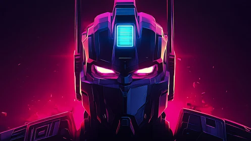 Neon lit robotic helmet glows against dark gradient background