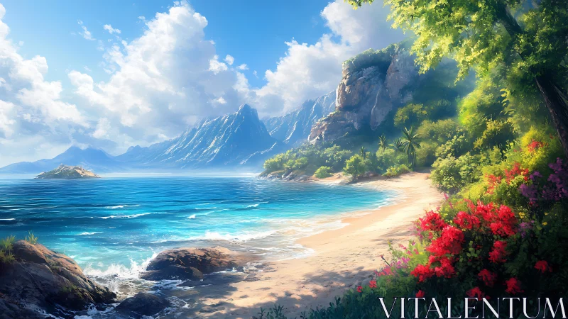 Tropical Coastal Paradise with Verdant Foreground and Dramatic Mountain Backdrop.