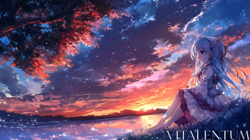 Girl sits by reflective lake under dense sunset cloudscape