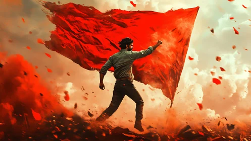 Dynamic digital painting of a lone hero with blazing banner.
