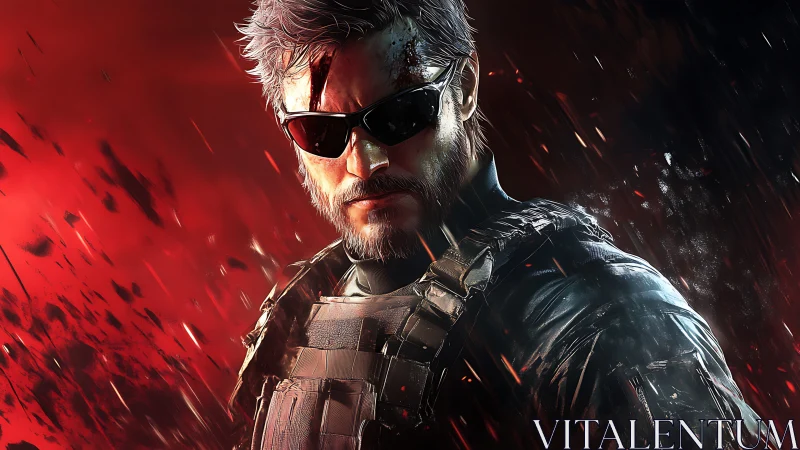 Battle-hardened covert operative in blazing red storm.