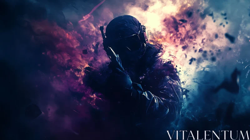 Tactical operator silhouette amid bicolor explosive nebula field