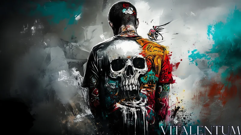 Man viewed from behind with skull graphic on painted jacket