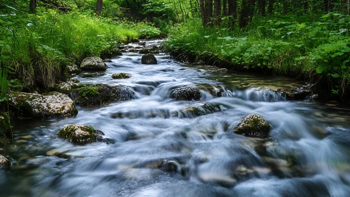 Tranquil forest stream with mossy rocks in natural landscape photography.