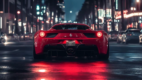Rear hypercar night study balances reflections and neon bokeh