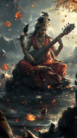 Goddess plays serene melody above swirling sacred waters