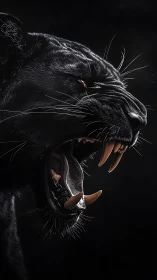 Black Panther Snarling with Bared Fangs Against Dark Background