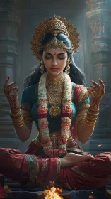Regal Indian woman meditating in ornate temple setting.
