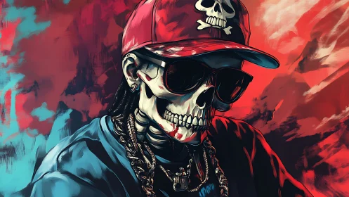 Skull-headed figure wears cap and chains against split backdrop