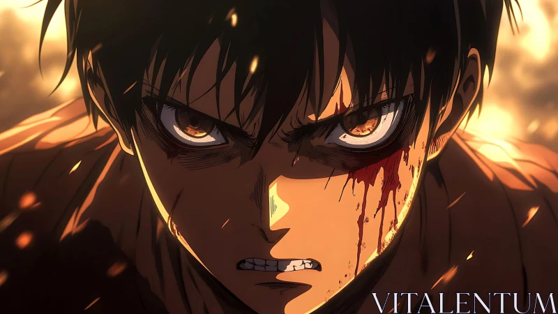 Close-up of injured anime character amid burning backdrop.