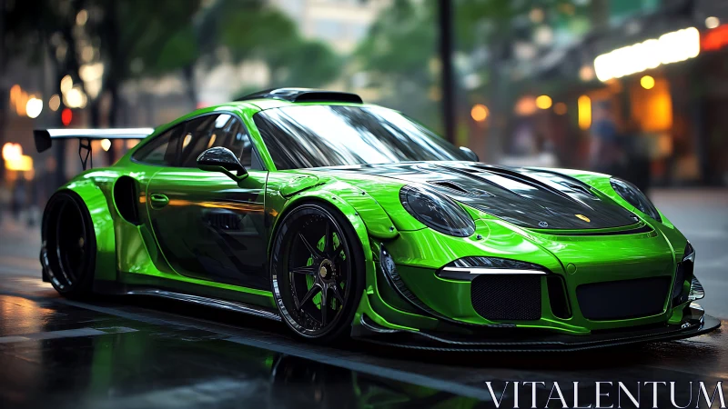 Vivid green widebody supercar glows under wet city lights