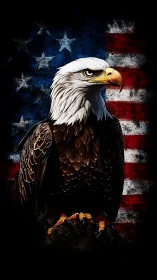 Hyper-detailed bald eagle overlaying distressed US flag graphic.