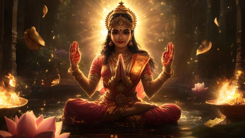 Golden goddess in lotus pose amid glowing temple waters.