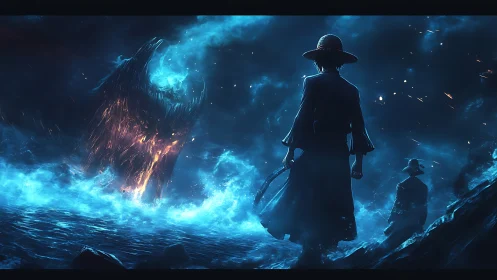 Straw hat warriors confront colossal sea flame beast at night.