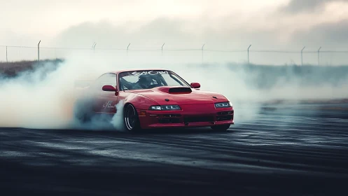 Red drift car sliding on smoky track during cloudy day.