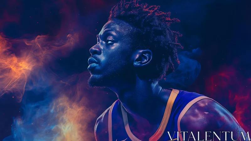 Basketball player profile in blue and orange vapor backdrop.