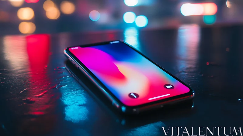 Smartphone on Wet Surface Under Neon Lights.