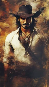 Rugged adventurer stands in dramatic painterly portrait