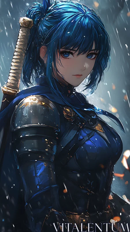 Blue haired anime swordswoman in rain drenched armor