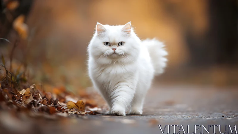White long-haired cat walks on autumn pavement in natural light.