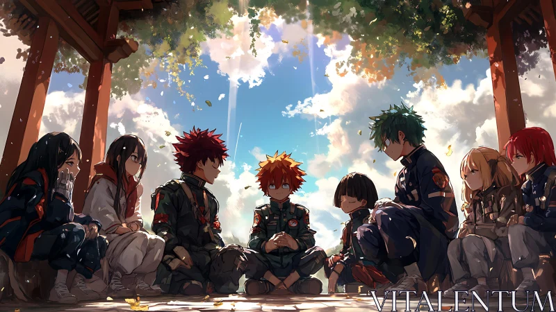 Group of anime students resting under open pavilion.