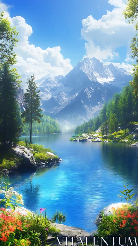 Mountain lake landscape with clear water and distant peaks.