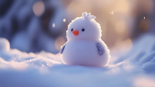 Miniature Snowman Figure Rendered Against Soft Diffused Bokeh Backdrop