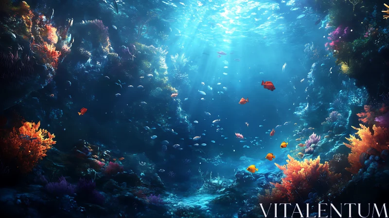 Colorful tropical reef fish swim through deep sunlit water