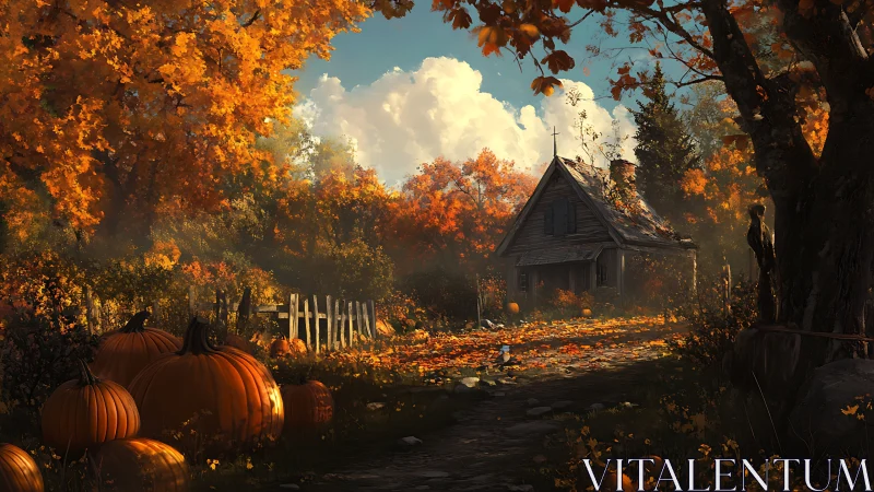 Old wooden cottage in bright autumn forest with pumpkins.