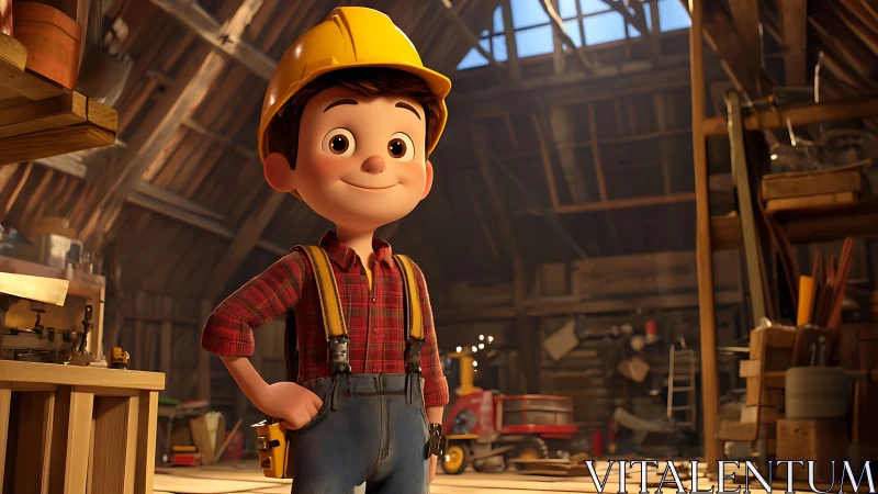 Animated child builder in workshop wearing yellow hardhat.