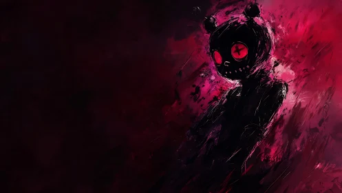 Dark bear-headed figure in red abstract digital chaos.