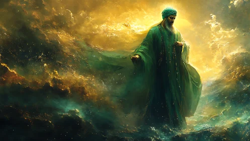 Mystic sage walking through radiant celestial storm.