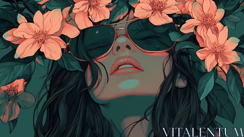 Woman in sunglasses framed by large flowers and foliage.