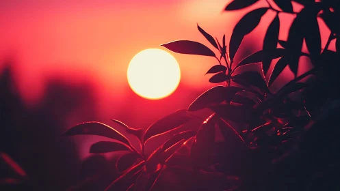 Vivid sunset with silhouetted leaves in dreamy, atmospheric style.