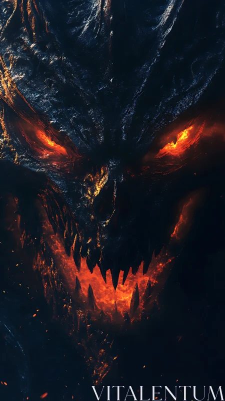 Molten demon face rises from darkness with blazing hot fire