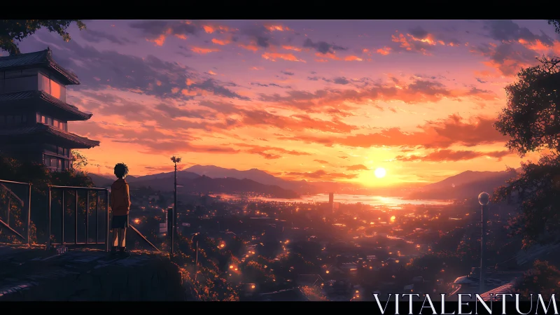 Solitary child observing glowing city sunset over hills