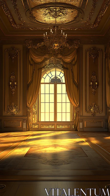 Golden baroque ballroom interior rendered in warm backlight