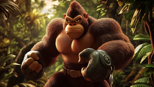 Muscular cartoon gorilla in dense jungle environment.