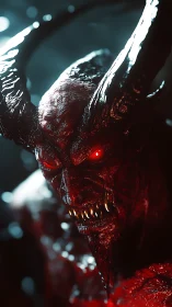 Infernal horned demon rendered in cinematic red light.