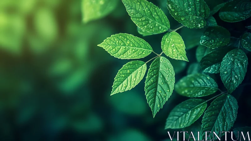 Green leaves with water droplets against dark blurred foliage.