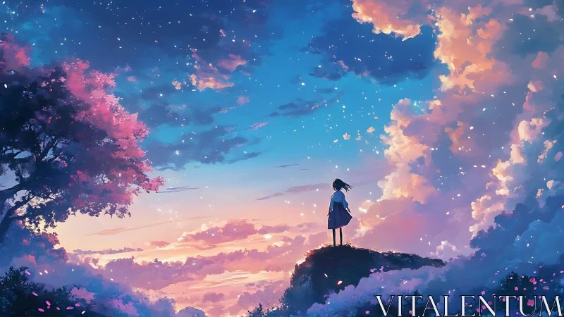 Stargazing girl beneath glowing pastel twilight clouds.