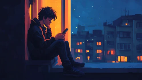 Teen on window ledge studies phone amid neon-lit night city