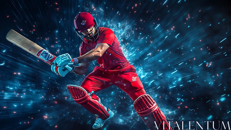 Cricket batsman in dynamic swing framed by neon particle burst