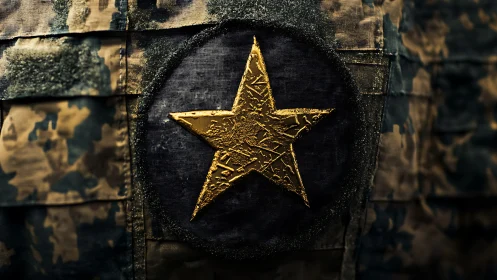 Textured golden star insignia centered on tactical camouflage