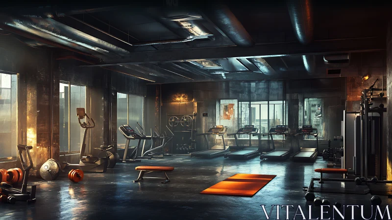 Industrial style gym interior with mixed exercise equipment.