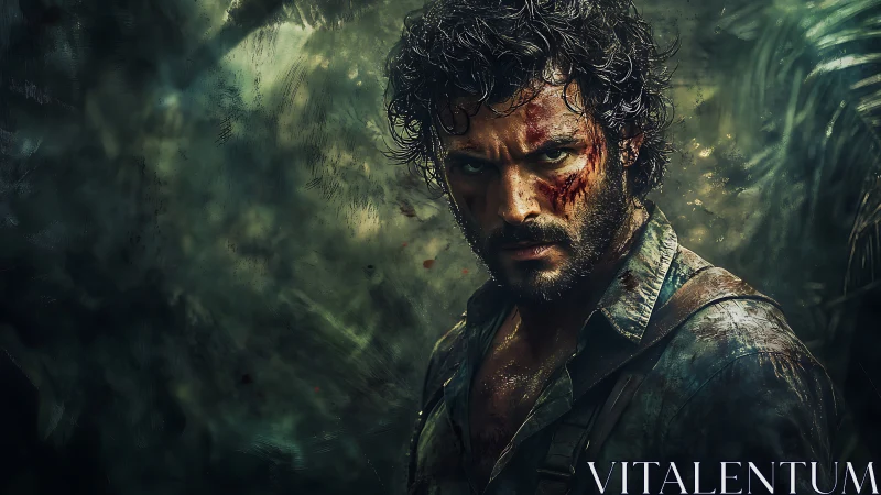 Storm-eyed wanderer standing defiant in a restless jungle.