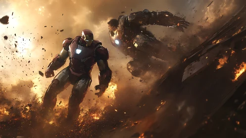 Armored exosuits advance through incendiary battlefield haze