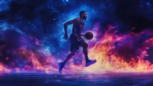Basketball guard midair dribble in nebula fire composite scene