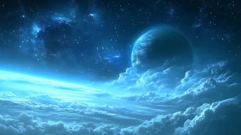 Distant blue planet rising above glowing cloud horizon.